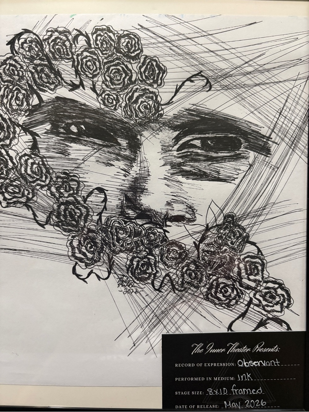 Black and White Floral Portrait Ink Art